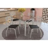 Conjunto: Mesa Sala Jantar Elba C/ Tampo De Vidro 120cm E 4 Cadeiras Portugal Niquel - Courano Preto - Kappesberg