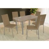 Conjunto: Mesa De Cozinha Elba Tampo Madeirado C/ Vidro 160cm E 6 Cadeiras Amsterdã Niquel/freijo Bronze - Courano Capuccino - Kappesberg