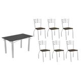 Conjunto: Mesa De Cozinha Elba Tampo Madeirado C/ Vidro 120cm E 6 Cadeiras Portugal Cromada/preto - Courano Marrom - Kappesberg
