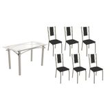 Conjunto: Mesa Sala Jantar Elba C/ Tampo De Vidro 140cm E 6 Cadeiras Lisboa Niquel - Courano Preto - Kappesberg