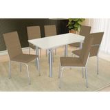 Conjunto: Mesa Sala Jantar Elba Tampo Madeirado C/ Vidro 160cm E 6 Cadeiras Amsterdã Cromada/off White - Courano Capuccino - Kappesberg