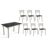 Conjunto: Mesa Sala Jantar Elba Tampo Madeirado C/ Vidro 120cm E 6 Cadeiras Portugal Niquel/preto - Courano Marrom - Kappesberg