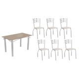 Conjunto: Mesa Sala Jantar Elba Tampo Madeirado C/ Vidro 120cm E 6 Cadeiras Portugal Cromada/freijo Bronze - Courano Branco - Kappesberg
