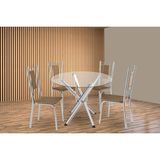 Conjunto: Mesa Sala Jantar Volga C/ Tampo De Vidro 95cm E 4 Cadeiras Florença Cromada - Courano Capuccino - Kappesberg