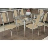 Conjunto: Mesa Sala Jantar Elba C/ Tampo De Vidro 120cm E 6 Cadeiras Lisboa Cromada - Courano Bege - Kappesberg