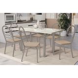 Conjunto: Mesa De Cozinha Elba Tampo Madeirado C/ Vidro 160cm E 6 Cadeiras Holanda Niquel/off White - Courano Bege - Kappesberg