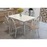 Conjunto: Mesa Sala Jantar Elba Tampo Madeirado C/ Vidro 120cm E 6 Cadeiras Holanda Cromada/off White - Courano Bege - Kappesberg