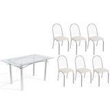 Conjunto: Mesa Sala Jantar Elba C/ Tampo De Vidro 140cm E 6 Cadeiras Noruega Cromada - Courano Branco - Kappesberg