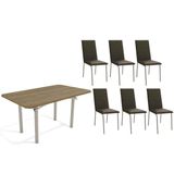 Conjunto: Mesa Sala Jantar Elba C/ Tampo De Madeira 160cm E 6 Cadeiras Amsterdã Niquel/nogueira - Courano Marrom - Kappesberg