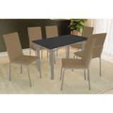 Conjunto: Mesa Sala Jantar Elba Tampo Madeirado C/ Vidro 120cm E 6 Cadeiras Amsterdã Niquel/preto - Courano Capuccino - Kappesberg