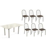 Conjunto: Mesa De Cozinha Elba Tampo Madeirado C/ Vidro 160cm E 6 Cadeiras Noruega Niquel/off White - Courano Marrom - Kappesberg
