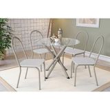 Conjunto: Mesa Sala Jantar Volga C/ Tampo De Vidro 95cm E 4 Cadeiras Noruega Niquel - Courano Branco - Kappesberg
