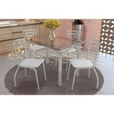 Conjunto: Mesa Sala Jantar Elba C/ Tampo De Vidro 120cm E 4 Cadeiras Portugal Niquel - Courano Branco - Kappesberg