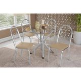 Conjunto: Mesa De Cozinha Volga C/ Tampo De Vidro 95cm E 4 Cadeiras Holanda Cromada - Courano Bege - Kappesberg