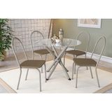 Conjunto: Mesa De Cozinha Volga C/ Tampo De Vidro 95cm E 4 Cadeiras Noruega Niquel - Courano Capuccino - Kappesberg