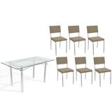 Conjunto: Mesa De Cozinha Elba C/ Tampo De Vidro 150cm E 6 Cadeiras Zaria Cromada - Boucle Bege - Kappesberg