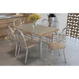 Conjunto: Mesa De Cozinha Elba Tampo Madeirado C/ Vidro 120cm E 6 Cadeiras Holanda Cromada/freijo Bronze - Courano Bege - Kappesberg