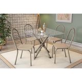 Conjunto: Mesa Sala Jantar Volga C/ Tampo De Vidro 90cm E 4 Cadeiras Holanda Niquel - Courano Bege - Kappesberg