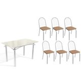 Conjunto: Mesa Sala Jantar Elba Tampo Madeirado C/ Vidro 120cm E 6 Cadeiras Noruega Cromada/off White - Courano Capuccino - Kappesberg