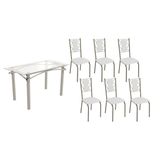 Conjunto: Mesa Sala Jantar Elba C/ Tampo De Vidro 140cm E 6 Cadeiras Lisboa Niquel - Courano Branco - Kappesberg