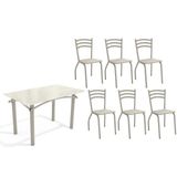 Conjunto: Mesa De Cozinha Elba Tampo Madeirado C/ Vidro 120cm E 6 Cadeiras Portugal Niquel/off White - Courano Bege - Kappesberg