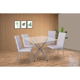 Conjunto: Mesa De Cozinha Volga C/ Tampo De Vidro 90cm E 4 Cadeiras Amsterdã Niquel - Courano Branco - Kappesberg