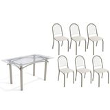 Conjunto: Mesa De Cozinha Elba C/ Tampo De Vidro 140cm E 6 Cadeiras Noruega Niquel - Courano Branco - Kappesberg