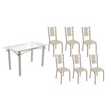 Conjunto: Mesa Sala Jantar Elba C/ Tampo De Vidro 140cm E 6 Cadeiras Lisboa Niquel - Courano Bege - Kappesberg