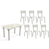 Conjunto: Mesa Sala Jantar Elba Tampo Madeirado C/ Vidro 120cm E 6 Cadeiras Portugal Niquel/off White - Courano Branco - Kappesberg