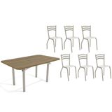 Conjunto: Mesa De Cozinha Elba C/ Tampo De Madeira 160cm E 6 Cadeiras Portugal Niquel/nogueira - Courano Branco - Kappesberg