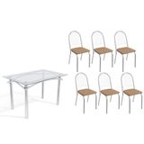 Conjunto: Mesa Sala Jantar Elba C/ Tampo De Vidro 120cm E 6 Cadeiras Noruega Cromada - Courano Capuccino - Kappesberg