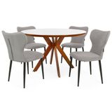 Conjunto Mesa De Jantar Redonda Marci Premium 120cm Branca Com 4 Cadeiras Estofadas Jacobsen - Cinza