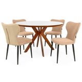 Conjunto Mesa De Jantar Redonda Marci Premium 120cm Branca Com 4 Cadeiras Estofadas Jacobsen - Bege