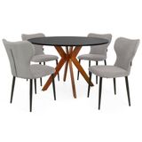 Conjunto Mesa De Jantar Redonda Marci 120cm Preta Com 4 Cadeiras Estofadas Jacobsen - Cinza