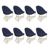 Kit 08 Cadeiras Poltrona De Jantar Bela Veludo Azul Marinho Base Metálica Industrial Dourado - Pallazio