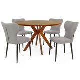 Conjunto Mesa De Jantar Redonda Marci Premium 120cm Natural Com 4 Cadeiras Estofadas Jacobsen Cinza