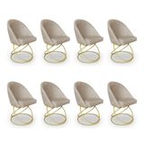 Kit 08 Cadeiras Poltrona De Jantar Bela Linho Bege Base Metálica Luxo Dourado - Pallazio