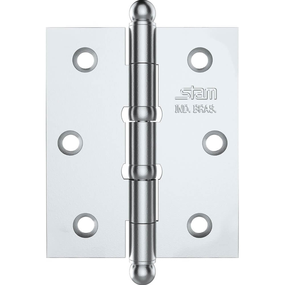 Dobradiça Pino E Bola 3" X 2.1/2" X 1,7mm Cromado Com 2 Anéis E Canto Reto - 42048 - Stam Stam