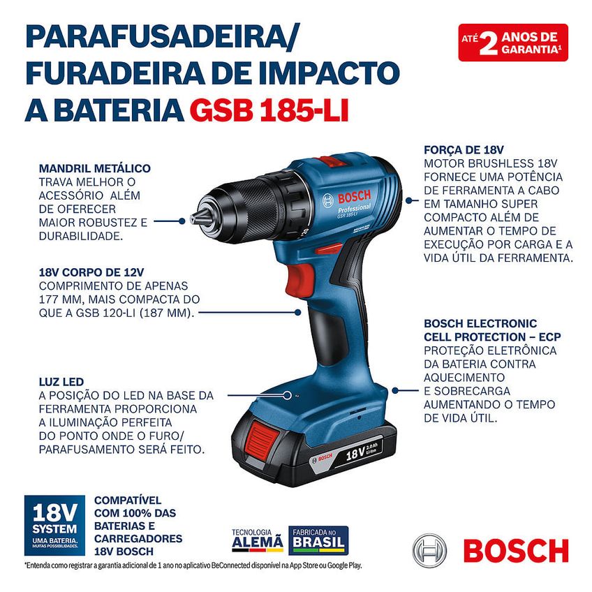 Parafusadeira Furadeira De Impacto 18 Volts 2 Baterias Com Maleta + 23 Acessórios - Gsb185li - Bosch Bosch - imagem 3