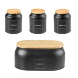 Kit 3 Potes Mantimentos + Portão Pão Em Metal E Bambu Sense Preto Ou