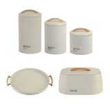 Kit 3 Potes Mantimentos + Portão Pão + Bandeja Em Metal E Bambu Sense Bege Ou