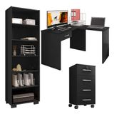 Mesa Para Computador Com Gaveta E Extensora E Gaveteiro Gávea Com Chave E Livreiro Office Preto Fosco - Móveis Leão