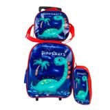 Mochila Lancheira + Estojo Infantil Dinossauro Rodinha Azul