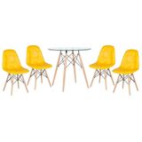 Kit - Mesa De Vidro Eames 80 Cm + 4 Cadeiras Eames Botonê Amarelo Amarelo