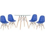 Kit - Mesa De Vidro Eames 90 Cm + 4 Cadeiras Eames Botonê Azul Cadeiras Azul