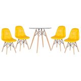 Kit - Mesa De Vidro Eames 70 Cm + 4 Cadeiras Eames Botonê Amarelo Amarelo