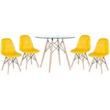 Kit - Mesa De Vidro Eames 90 Cm + 4 Cadeiras Eames Botonê Amarelo Cadeiras Amarelo