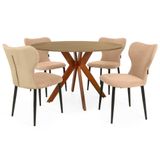 Conjunto Mesa De Jantar Redonda Marci 120cm Natural Com 4 Cadeiras Estofadas Jacobsen - Bege