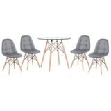 Kit - Mesa De Vidro Eames 80 Cm + 4 Cadeiras Eames Botonê Cinza Escuro Cinza-escuro