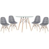 Kit - Mesa De Vidro Eames 90 Cm + 4 Cadeiras Eames Botonê Cinza Escuro Cadeiras Cinza Escuro